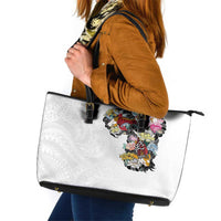 Hawaiian and Japanese Together Leather Tote Bag Colorful Traditional Japanese Tattoo and Kakau Pattern White Color