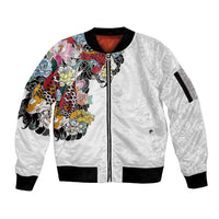 Hawaiian and Japanese Together Sleeve Zip Bomber Jacket Colorful Traditional Japanese Tattoo and Kakau Pattern White Color
