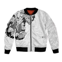 Hawaiian and Japanese Together Bomber Jacket Japanese Koi Fish Tattoo and Kakau Pattern White Color