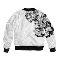 Hawaiian and Japanese Together Bomber Jacket Japanese Koi Fish Tattoo and Kakau Pattern White Color