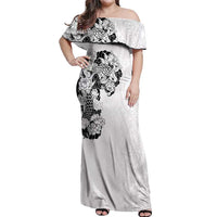 Hawaiian and Japanese Together Off Shoulder Maxi Dress Japanese Koi Fish Tattoo and Kakau Pattern White Color