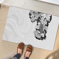 Hawaiian and Japanese Together Rubber Doormat Japanese Koi Fish Tattoo and Kakau Pattern White Color