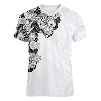Hawaiian and Japanese Together Women V-Neck T-Shirt Japanese Koi Fish Tattoo and Kakau Pattern White Color