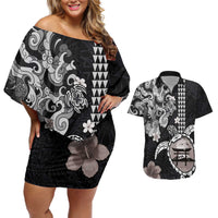 Hawaiian and Japanese Together Couples Matching Off Shoulder Short Dress and Hawaiian Shirt Japanese Culture and Turtle Kakau Tattoo Black Color