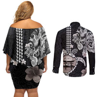Hawaiian and Japanese Together Couples Matching Off Shoulder Short Dress and Long Sleeve Button Shirt Japanese Culture and Turtle Kakau Tattoo Black Color