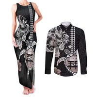 Hawaiian and Japanese Together Couples Matching Tank Maxi Dress and Long Sleeve Button Shirt Japanese Culture and Turtle Kakau Tattoo Black Color