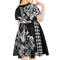 Hawaiian and Japanese Together Kid Short Sleeve Dress Japanese Culture and Turtle Kakau Tattoo Black Color