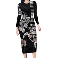 Hawaiian and Japanese Together Long Sleeve Bodycon Dress Japanese Culture and Turtle Kakau Tattoo Black Color LT03 Long Dress Black - Polynesian Pride
