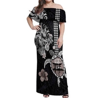 Hawaiian and Japanese Together Off Shoulder Maxi Dress Japanese Culture and Turtle Kakau Tattoo Black Color