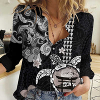 Hawaiian and Japanese Together Women Casual Shirt Japanese Culture and Turtle Kakau Tattoo Black Color