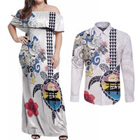 Hawaiian and Japanese Together Couples Matching Off Shoulder Maxi Dress and Long Sleeve Button Shirt Japanese Culture and Turtle Kakau Tattoo White Color