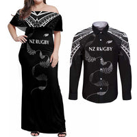 New Zealand Rugby Custom Couples Matching Off Shoulder Maxi Dress and Long Sleeve Button Shirt Aotearoa Armour Blacks Silver Ferns - Polynesian Pride