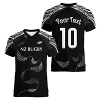 New Zealand Rugby Custom Women V-Neck T-Shirt Aotearoa Armour Blacks Silver Ferns - Polynesian Pride