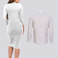 Tonga White Sunday Couples Matching Long Sleeve Bodycon Dress and Long Sleeve Button Shirt Tongan Tribal Heritage Tattoos - Polynesian Pride