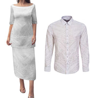 Tonga White Sunday Couples Matching Puletasi and Long Sleeve Button Shirt Tongan Tribal Heritage Tattoos - Polynesian Pride