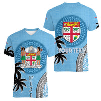 Personalised Fiji Women V Neck T Shirt Tapa Pattern Fijian Coat of Arms and Palm Tree LT03 - Polynesian Pride