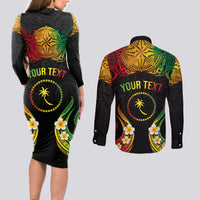 Personalised Chuuk Independence Day Couples Matching Long Sleeve Bodycon Dress and Long Sleeve Button Shirt Polynesian Tattoo and Plumeria Reggae Color