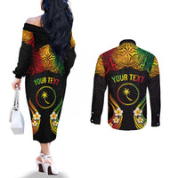 Personalised Chuuk Independence Day Couples Matching Off The Shoulder Long Sleeve Dress and Long Sleeve Button Shirt Polynesian Tattoo and Plumeria Reggae Color