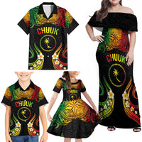 Personalised Chuuk Independence Day Family Matching Off Shoulder Maxi Dress and Hawaiian Shirt Polynesian Tattoo and Plumeria Reggae Color