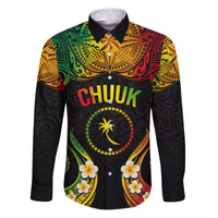 Personalised Chuuk Independence Day Family Matching Puletasi and Hawaiian Shirt Polynesian Tattoo and Plumeria Reggae Color LT03 Dad's Shirt - Long Sleeve Reggae - Polynesian Pride