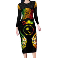 Personalised Chuuk Independence Day Long Sleeve Bodycon Dress Polynesian Tattoo and Plumeria Reggae Color