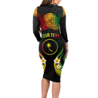 Personalised Chuuk Independence Day Long Sleeve Bodycon Dress Polynesian Tattoo and Plumeria Reggae Color