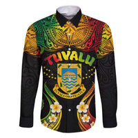 Personalised Tuvalu Independence Day Family Matching Off Shoulder Maxi Dress and Hawaiian Shirt Polynesian Tattoo and Plumeria Reggae Color LT03 Dad's Shirt - Long Sleeve Reggae - Polynesian Pride