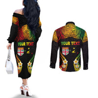 Personalised Malampa Fiji Day Couples Matching Off The Shoulder Long Sleeve Dress and Long Sleeve Button Shirt Polynesian Tattoo and Plumeria Reggae Color LT03 - Polynesian Pride
