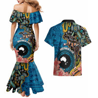 Fiji and Australia Kangaroos Couples Matching Mermaid Dress and Hawaiian Shirt Indigenous Aboriginal and Fijian Masi Tribal Tattoo LT03 - Polynesian Pride