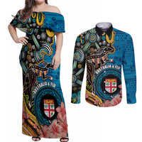 Fiji and Australia Kangaroos Couples Matching Off Shoulder Maxi Dress and Long Sleeve Button Shirt Indigenous Aboriginal and Fijian Masi Tribal Tattoo LT03 Blue - Polynesian Pride