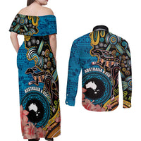Fiji and Australia Kangaroos Couples Matching Off Shoulder Maxi Dress and Long Sleeve Button Shirt Indigenous Aboriginal and Fijian Masi Tribal Tattoo LT03 - Polynesian Pride