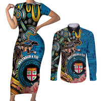 Fiji and Australia Kangaroos Couples Matching Short Sleeve Bodycon Dress and Long Sleeve Button Shirt Indigenous Aboriginal and Fijian Masi Tribal Tattoo LT03 Blue - Polynesian Pride