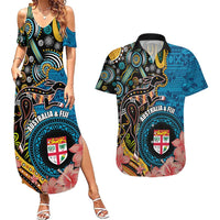 Fiji and Australia Kangaroos Couples Matching Summer Maxi Dress and Hawaiian Shirt Indigenous Aboriginal and Fijian Masi Tribal Tattoo LT03 Blue - Polynesian Pride