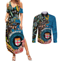 Fiji and Australia Kangaroos Couples Matching Summer Maxi Dress and Long Sleeve Button Shirt Indigenous Aboriginal and Fijian Masi Tribal Tattoo LT03 Blue - Polynesian Pride