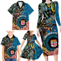 Fiji and Australia Kangaroos Family Matching Long Sleeve Bodycon Dress and Hawaiian Shirt Indigenous Aboriginal and Fijian Masi Tribal Tattoo LT03 - Polynesian Pride