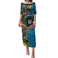 Fiji and Australia Kangaroos Family Matching Puletasi and Hawaiian Shirt Indigenous Aboriginal and Fijian Masi Tribal Tattoo LT03 Mom's Dress Blue - Polynesian Pride