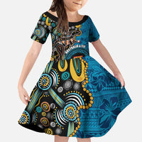 Fiji and Australia Kangaroos Family Matching Short Sleeve Bodycon Dress and Hawaiian Shirt Indigenous Aboriginal and Fijian Masi Tribal Tattoo LT03 Daughter's Dress Blue - Polynesian Pride