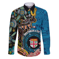 Fiji and Australia Kangaroos Family Matching Short Sleeve Bodycon Dress and Hawaiian Shirt Indigenous Aboriginal and Fijian Masi Tribal Tattoo LT03 Dad's Shirt - Long Sleeve Blue - Polynesian Pride