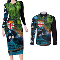 Fiji and New Zealand Tui Bird Couples Matching Long Sleeve Bodycon Dress and Long Sleeve Button Shirt Koru Fern Leafs and Palm Tree With Plumeria LT03 Blue - Polynesian Pride