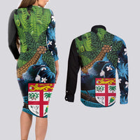 Fiji and New Zealand Tui Bird Couples Matching Long Sleeve Bodycon Dress and Long Sleeve Button Shirt Koru Fern Leafs and Palm Tree With Plumeria LT03 - Polynesian Pride
