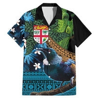 Fiji and New Zealand Tui Bird Family Matching Mermaid Dress and Hawaiian Shirt Koru Fern Leafs and Palm Tree With Plumeria LT03 Dad's Shirt - Short Sleeve Blue - Polynesian Pride