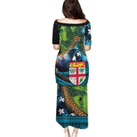 Fiji and New Zealand Tui Bird Family Matching Puletasi and Hawaiian Shirt Koru Fern Leafs and Palm Tree With Plumeria LT03 - Polynesian Pride