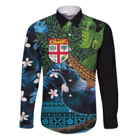 Fiji and New Zealand Tui Bird Family Matching Short Sleeve Bodycon Dress and Hawaiian Shirt Koru Fern Leafs and Palm Tree With Plumeria LT03 Dad's Shirt - Long Sleeve Blue - Polynesian Pride