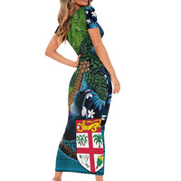 Fiji and New Zealand Tui Bird Family Matching Short Sleeve Bodycon Dress and Hawaiian Shirt Koru Fern Leafs and Palm Tree With Plumeria LT03 - Polynesian Pride