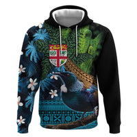 Fiji and New Zealand Tui Bird Zip Hoodie Koru Fern Leafs and Palm Tree With Plumeria LT03 Pullover Hoodie Blue - Polynesian Pride