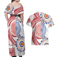 Tongan and Australian Culture Together Couples Matching Off Shoulder Maxi Dress and Hawaiian Shirt Ngatu Art Tribal Aboriginal Tattoo Pattern - Polynesian Pride