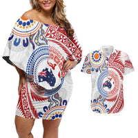Tongan and Australian Culture Together Couples Matching Off Shoulder Short Dress and Hawaiian Shirt Ngatu Art Tribal Aboriginal Tattoo Pattern - Polynesian Pride