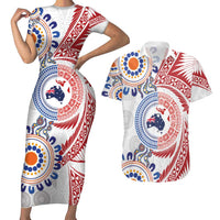 Tongan and Australian Culture Together Couples Matching Short Sleeve Bodycon Dress and Hawaiian Shirt Ngatu Art Tribal Aboriginal Tattoo Pattern - Polynesian Pride