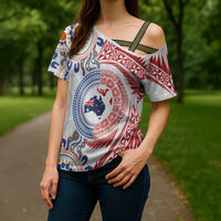 Tongan and Australian Culture Together Cross Shoulder Shirt Ngatu Art Tribal Aboriginal Tattoo Pattern - Polynesian Pride