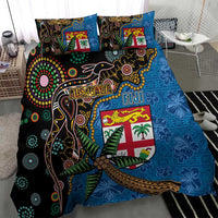 Fijian and Australian Culture Together Bedding Set Aboriginal Art and Tapa Motifs with Kangaroo and Palm Tree - Polynesian Pride